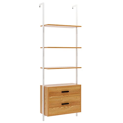 SogesHome Industrial Wall-Mounted Ladder Shelf with Cabinet, 4-Tier Bookshelf with Metal Frame, Storage Display Shelf with 2 Drawers for Living Room, Office, Bedroom, Bathroom, Kitchen