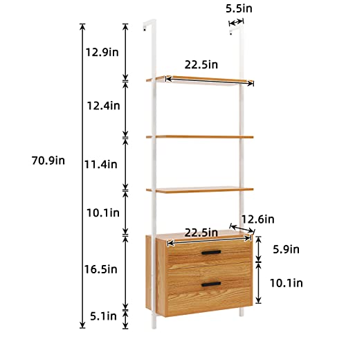 SogesHome Industrial Wall-Mounted Ladder Shelf with Cabinet, 4-Tier Bookshelf with Metal Frame, Storage Display Shelf with 2 Drawers for Living Room, Office, Bedroom, Bathroom, Kitchen