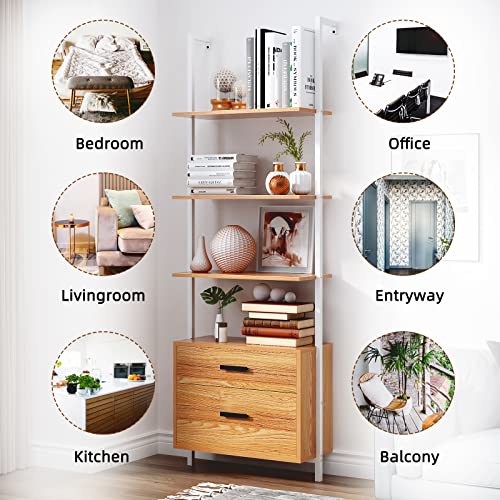 SogesHome Industrial Wall-Mounted Ladder Shelf with Cabinet, 4-Tier Bookshelf with Metal Frame, Storage Display Shelf with 2 Drawers for Living Room, Office, Bedroom, Bathroom, Kitchen