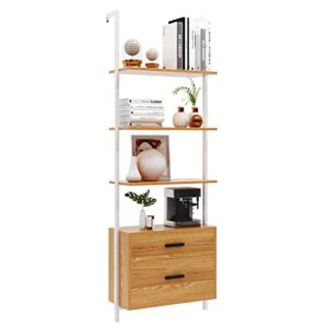 SogesHome Industrial Wall-Mounted Ladder Shelf with Cabinet, 4-Tier Bookshelf with Metal Frame, Storage Display Shelf with 2 Drawers for Living Room, Office, Bedroom, Bathroom, Kitchen