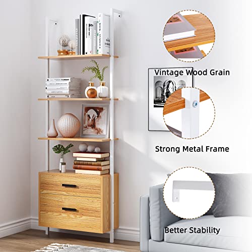 SogesHome Industrial Wall-Mounted Ladder Shelf with Cabinet, 4-Tier Bookshelf with Metal Frame, Storage Display Shelf with 2 Drawers for Living Room, Office, Bedroom, Bathroom, Kitchen