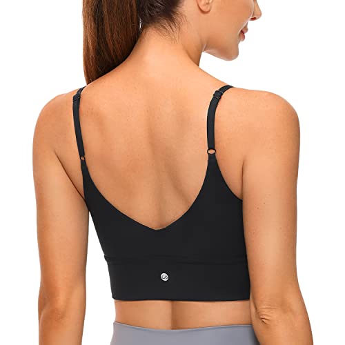 CRZ YOGA Adjustable Longline Sports Bra for Women - V Back Wireless Workout Padded Yoga Bra Cropped Tank Tops Black Medium