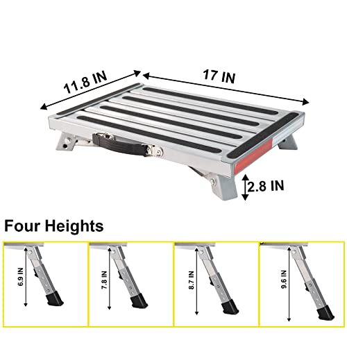 Safety RV Steps, Yagud Height Adjustable Folding Platform Step with 17" X 12" Anti-Slip Surface, Rubber Feet, Handle, Reflective Strips, and T Level, Aluminum RV Step Stool Supports Up to 1000lbs