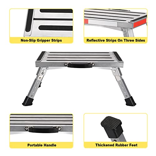 Safety RV Steps, Yagud Height Adjustable Folding Platform Step with 17" X 12" Anti-Slip Surface, Rubber Feet, Handle, Reflective Strips, and T Level, Aluminum RV Step Stool Supports Up to 1000lbs