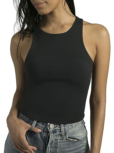 Colorfulkoala Women's Tank Tops Body Contour Sleeveless Crop Double Lined Yoga Shirts(L, Black)