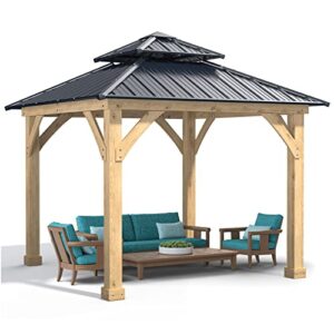 tangkula 10 x 10 ft outdoor hardtop gazebo, heavy-duty wood permanent patio pavilion shelter with 2-tier galvanized steel top, all-weather resistant gazebo for garden, backyard, lawns