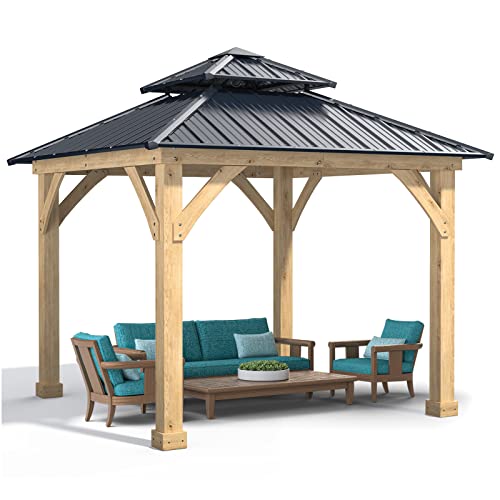 Tangkula 10 x 10 Ft Outdoor Hardtop Gazebo, Heavy-Duty Wood Permanent Patio Pavilion Shelter with 2-Tier Galvanized Steel Top, All-Weather Resistant Gazebo for Garden, Backyard, Lawns