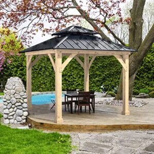 Tangkula 10 x 10 Ft Outdoor Hardtop Gazebo, Heavy-Duty Wood Permanent Patio Pavilion Shelter with 2-Tier Galvanized Steel Top, All-Weather Resistant Gazebo for Garden, Backyard, Lawns