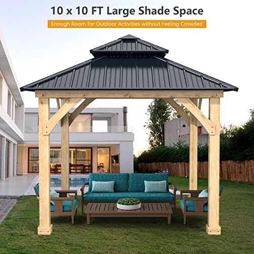 Tangkula 10 x 10 Ft Outdoor Hardtop Gazebo, Heavy-Duty Wood Permanent Patio Pavilion Shelter with 2-Tier Galvanized Steel Top, All-Weather Resistant Gazebo for Garden, Backyard, Lawns