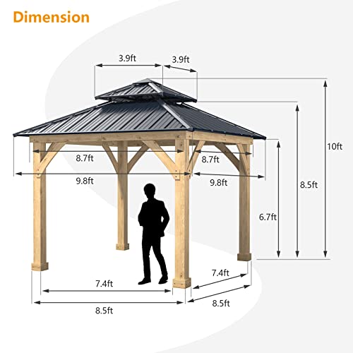 Tangkula 10 x 10 Ft Outdoor Hardtop Gazebo, Heavy-Duty Wood Permanent Patio Pavilion Shelter with 2-Tier Galvanized Steel Top, All-Weather Resistant Gazebo for Garden, Backyard, Lawns