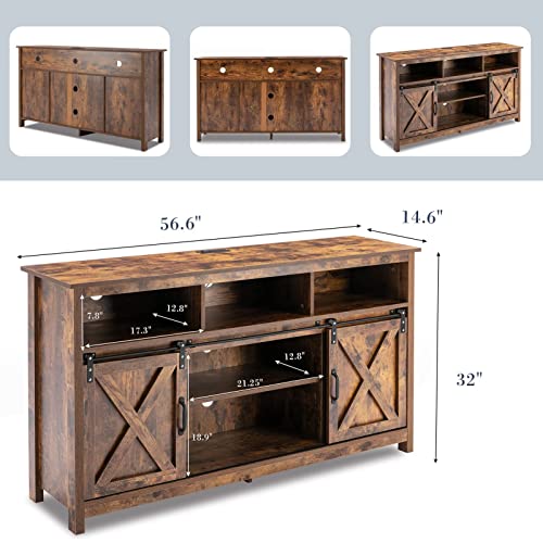 Farmhouse Coffee Bar Cabinet Rustic Sliding Barn Door Storage Cabinet with Power Outlet, Buffet Server Sideboard Cupboard Table for Dining Room Entryway Kitchen (Rustic Brown)