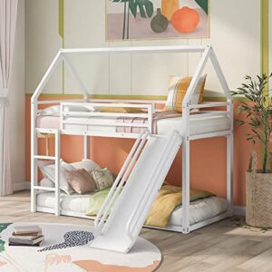 twin over twin bunk beds with slide, metal frame house bunk bed, low twin bunk beds with built-in ladder, no box spring needed, white
