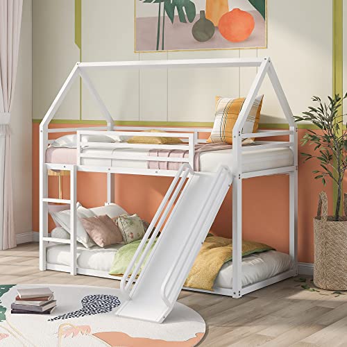 Twin Over Twin Bunk Beds with Slide, Metal Frame House Bunk Bed, Low Twin Bunk Beds with Built-in Ladder, No Box Spring Needed, White