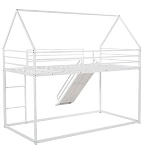 Twin Over Twin Bunk Beds with Slide, Metal Frame House Bunk Bed, Low Twin Bunk Beds with Built-in Ladder, No Box Spring Needed, White