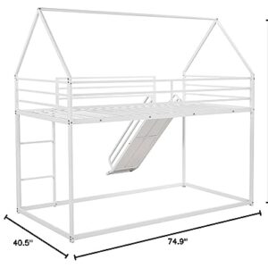 Twin Over Twin Bunk Beds with Slide, Metal Frame House Bunk Bed, Low Twin Bunk Beds with Built-in Ladder, No Box Spring Needed, White