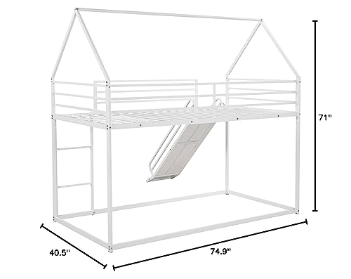 Twin Over Twin Bunk Beds with Slide, Metal Frame House Bunk Bed, Low Twin Bunk Beds with Built-in Ladder, No Box Spring Needed, White