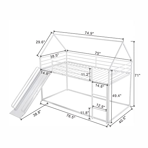 Twin Over Twin Bunk Beds with Slide, Metal Frame House Bunk Bed, Low Twin Bunk Beds with Built-in Ladder, No Box Spring Needed, White