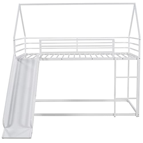 Twin Over Twin Bunk Beds with Slide, Metal Frame House Bunk Bed, Low Twin Bunk Beds with Built-in Ladder, No Box Spring Needed, White