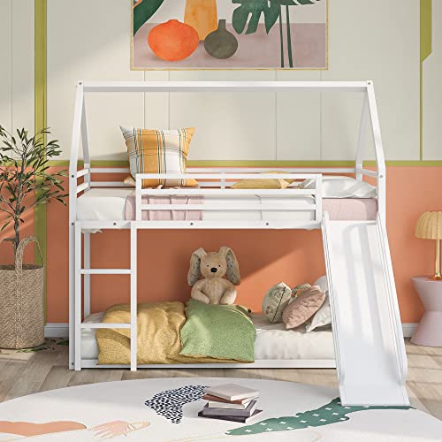 Twin Over Twin Bunk Beds with Slide, Metal Frame House Bunk Bed, Low Twin Bunk Beds with Built-in Ladder, No Box Spring Needed, White