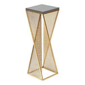 kate and laurel elita mid-century modern industrial wood and metal pedestal end table for storage and display, 10x10x30, gray/satin gold
