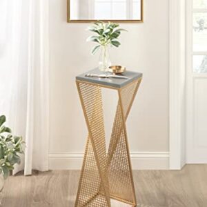 Kate and Laurel Elita Mid-Century Modern Industrial Wood and Metal Pedestal End Table for Storage and Display, 10x10x30, Gray/Satin Gold