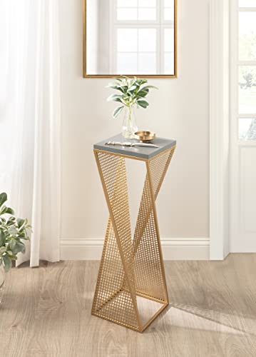 Kate and Laurel Elita Mid-Century Modern Industrial Wood and Metal Pedestal End Table for Storage and Display, 10x10x30, Gray/Satin Gold