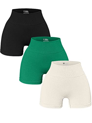 OQQ Women's 3 Piece Yoga Ribbed Seamless Workout High Waist Athletic Legging Shorts, Black/Green/Beige, Large