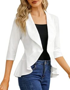 kojooin womens casual blazer 3/4 sleeve open front ruffle work office cardigan suit jacket white xl