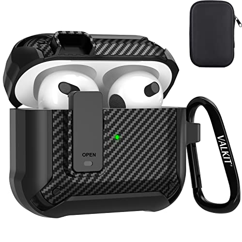 Valkit Compatible Airpods 3rd Generation Case with Lock Clip, Carbon Fiber Hard Shell AirPods 3 Case Cover with Keychain for Men Women Cool Shockproof Protective Case for Air Pods 3rd Gen, Black