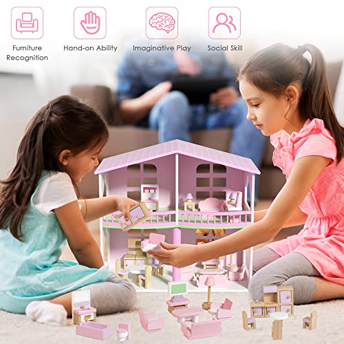 Wooden Dollhouse Furniture Set, 22 Pcs Miniature Dollhouse Accessories Including 5 Room Kits, Little People House Furniture, Doll House Furniture Toys Gift for Girls Boys Age 3+