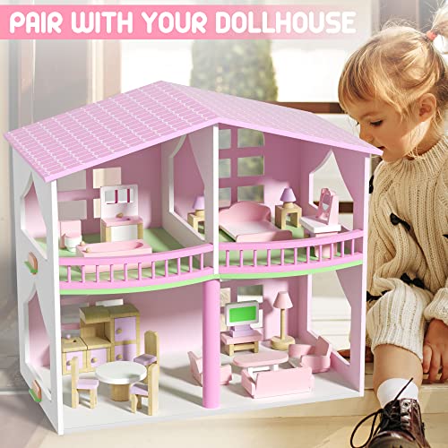 Wooden Dollhouse Furniture Set, 22 Pcs Miniature Dollhouse Accessories Including 5 Room Kits, Little People House Furniture, Doll House Furniture Toys Gift for Girls Boys Age 3+