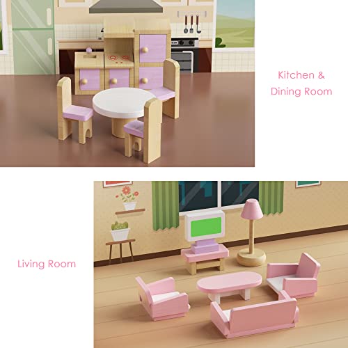 Wooden Dollhouse Furniture Set, 22 Pcs Miniature Dollhouse Accessories Including 5 Room Kits, Little People House Furniture, Doll House Furniture Toys Gift for Girls Boys Age 3+