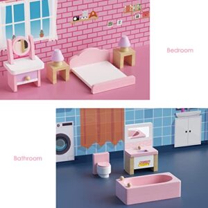 Wooden Dollhouse Furniture Set, 22 Pcs Miniature Dollhouse Accessories Including 5 Room Kits, Little People House Furniture, Doll House Furniture Toys Gift for Girls Boys Age 3+