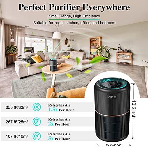 AIRTOK HEPA Air Purifier for Home Bedroom with Fragrance Sponges | 4-In-1 H13 True HEPA Air Filter for Smoke Dust Pollen Pet Dander Odors,99.97% Removal to 0.1 Microns | Ozone-Free, Night Light,Black