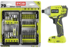 ryobi 18v one+ 1/4 inch impact drill driver kit bundle set with 70 pc bonus bits (tool only- battery and charger not included)