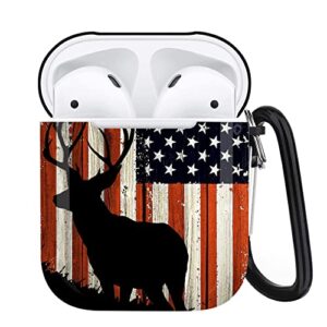 deer flag airpods case compatiable with airpods 1&2 - american flag airpods cover with key chain, full protective durable shockproof personalize wireless headphone case