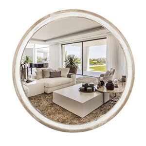 reflinto rustic round mirror 24", hanging wall decorative mirror distressed natural wooden farmhouse frame with white wash edge for bedroom, bathroom, living room or entryway