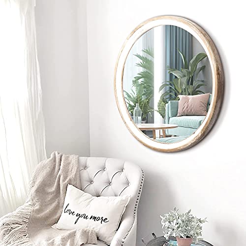 Reflinto Rustic Round Mirror 24", Hanging Wall Decorative Mirror Distressed Natural Wooden Farmhouse Frame with White Wash Edge for Bedroom, Bathroom, Living Room or Entryway