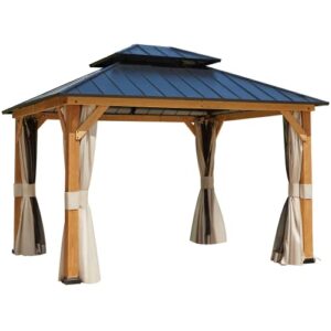 EROMMY 11'x13' Wood Gazebo, Outdoor Hardtop Gazebo Pavilion with Netting and Curtains, Spruce Wooden Frame Double Roof Metal Canopy for Patio Backyard Deck Garden