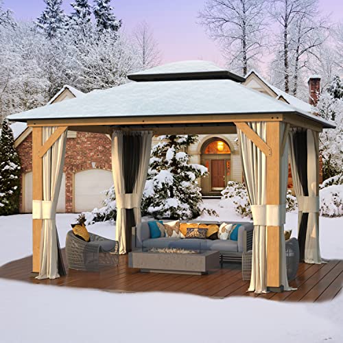 EROMMY 11'x13' Wood Gazebo, Outdoor Hardtop Gazebo Pavilion with Netting and Curtains, Spruce Wooden Frame Double Roof Metal Canopy for Patio Backyard Deck Garden