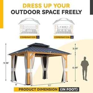 EROMMY 11'x13' Wood Gazebo, Outdoor Hardtop Gazebo Pavilion with Netting and Curtains, Spruce Wooden Frame Double Roof Metal Canopy for Patio Backyard Deck Garden