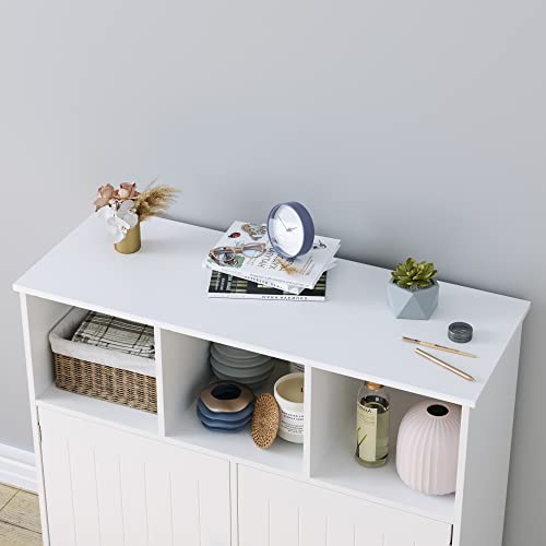 HORSTORS Floor Storage Cabinet, Linen Freestanding Bathroom Cabinet, Side Accent Cabinet with Doors and 3 Open Cubes for Home Office, 31.4" L x 11.8" D x 29.1" H, White