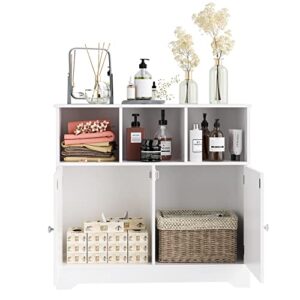 HORSTORS Floor Storage Cabinet, Linen Freestanding Bathroom Cabinet, Side Accent Cabinet with Doors and 3 Open Cubes for Home Office, 31.4" L x 11.8" D x 29.1" H, White