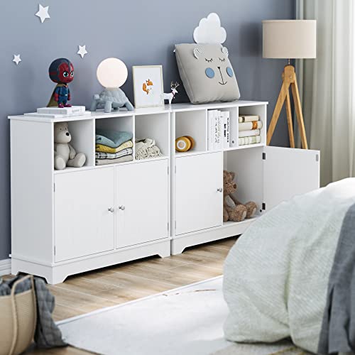 HORSTORS Floor Storage Cabinet, Linen Freestanding Bathroom Cabinet, Side Accent Cabinet with Doors and 3 Open Cubes for Home Office, 31.4" L x 11.8" D x 29.1" H, White