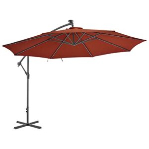 sunshineface cantilever umbrella with led lights, solar powered outdoor market patio table umbrella with led lights and tilt(brown, 137.8"x110.2")