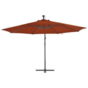 SunshineFace Cantilever Umbrella with LED Lights, Solar Powered Outdoor Market Patio Table Umbrella with LED Lights and Tilt(Brown, 137.8"x110.2")