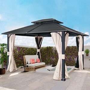 eagle peak 12x14 outdoor steel frame hardtop gazebo pavilion with double roof for garden, patio, lawn and party, mosquito mesh netting and light beige privacy curtains included, black