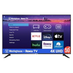 westinghouse roku tv - 50 inch smart tv, 4k uhd led tv with wi-fi connectivity and mobile app, flat screen tv compatible with apple home kit, alexa and google assistant