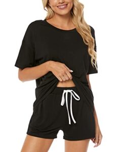 locube women's pajama sets soft comfy short sleeve lounge outfits pj set shorts with pockets (black 2, medium)