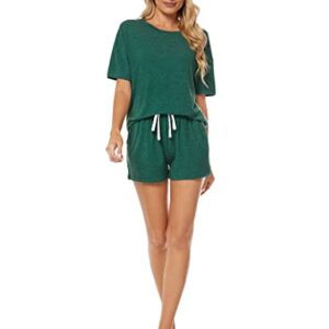 LOCUBE Women's Pajama Sets Soft Comfy Short Sleeve Lounge Outfits Pj Set Shorts with Pockets (Green 2, Medium)